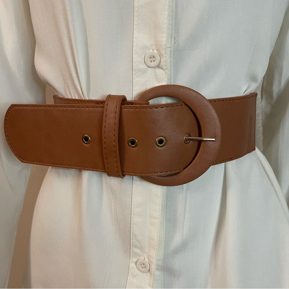 Brown faux leather elastic waistband belt